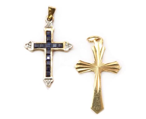 A 9ct gold sapphire and diamond cross pendant,square step cut sapphires, channel set, to trefoil ends grain set with eight cu
