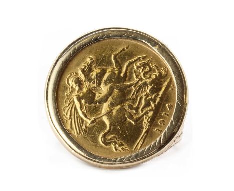 A gold half sovereign ring,a George V half sovereign, dated 1914, spectacle set to a 9ct gold ring mount, with pierced floral