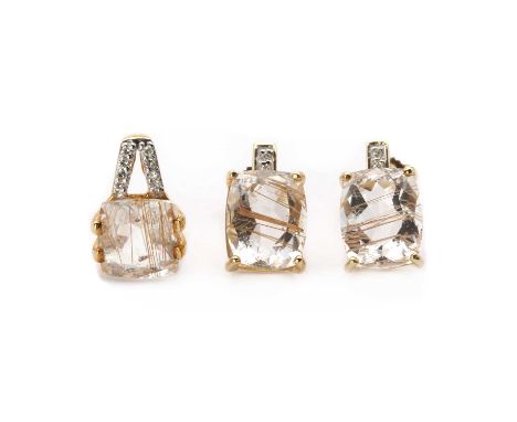 A 9ct gold rutilated quartz and diamond pendant, a square cushion cut rutilated quartz, claw set, to a split bale, grain set 