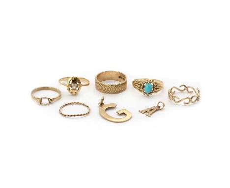 A collection of gold jewellery,comprising a 9ct gold machine engraved wedding band, 6mm wide, London 1977, a 9ct gold 'S' wir