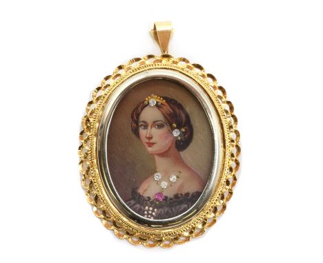 An 18ct gold mounted habillé-style miniature portrait brooch/pendant, the hand painted miniature portrait with eight cut diam