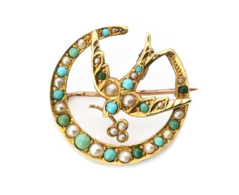 A gold swallow brooch, c.1900,a swallow in flight, grain set with alternating split pearls and turquoise cabochons, carrying 