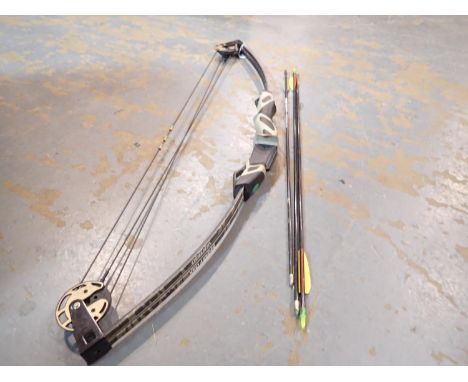 Mossy Oak Vertigo compound bow, in army green camo, with three arrows. Not available for in-house P&amp;P