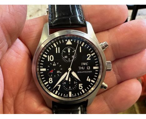 A gentleman's stainless steel IWC Pilot's Chronograph wristwatch, on a faux crocodile leather strap, boxed with papers44mm ca