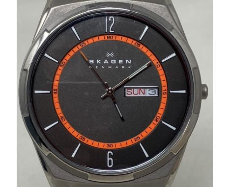 A gentleman's titanium Skagen SKW6007 wristwatch, on a stainless steel mesh strap, boxed, with warranty and instruction bookl