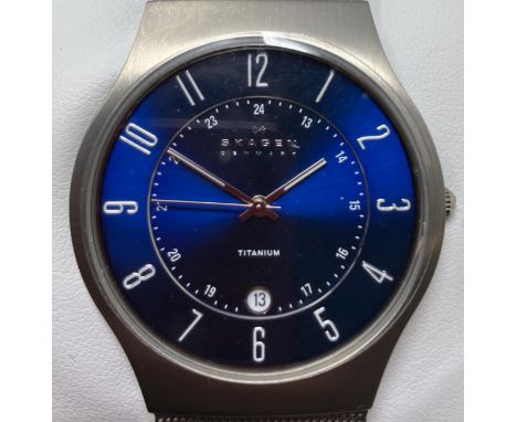 A gentleman's titanium Skagen 233XLTTN wristwatch, on a stainless steel mesh strap, boxed with warranty and instruction bookl