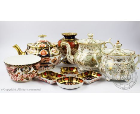 A Spode 1956 pattern, early 19th century, teapot, with a Royal Crown Derby 2444 pattern ovoid vase, with shaped rim, three Ro