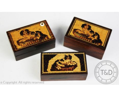 A late 19th century Tunbridge Ware rosewood 'Go to bed', decorated with a spaniel, 5.5cm wide, with a similar rosewood trinke