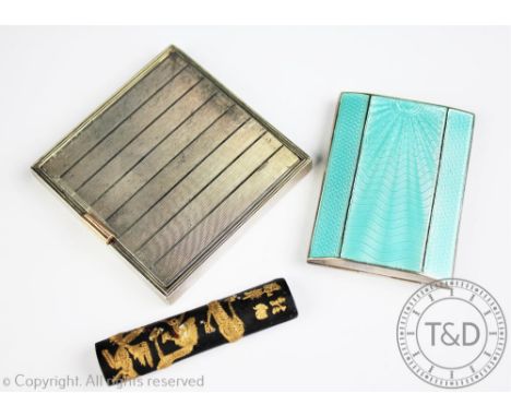 An Art Deco aquamarine enamelled vesta, Turner and Simpson  Birmingham 1934, 4.5cm x 6cm with a silver ladies mirror London 1