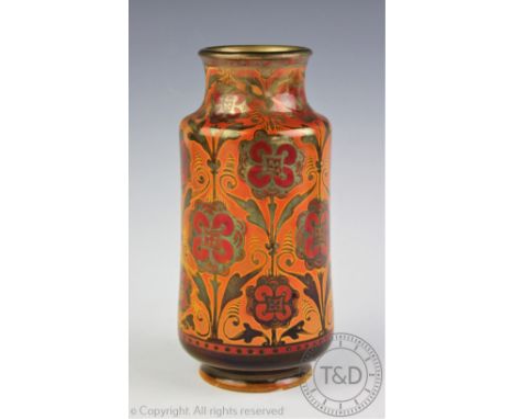 A Pilkingtons Lancastrian rouleau vase, No.3041, externally glazed in orange, red and brown lustres depicting repeating flowe
