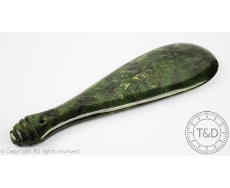 A New Zealand 'jade' Maori pounamu mere club of plain polished form, 37cm overall Note: The mere is a type of short, broad-bl