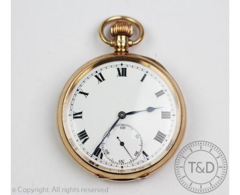 A 9ct gold open face pocket watch, Dennison watch Co. Birmingham 1918, the white enamel dial with black Roman numerals, subsi
