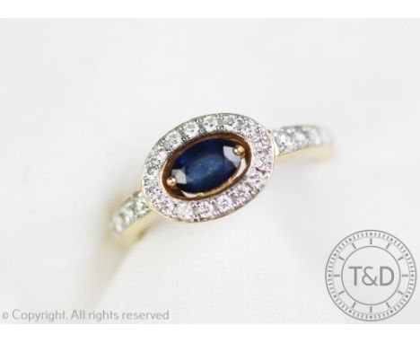 An untested sapphire and diamond ring, the central oval sapphire within a diamond set surround, all set in 18ct yellow gold, 