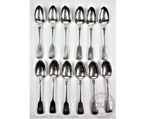 A set of twelve silver fiddle pattern teaspoons, Henry Holland, London 1863, each terminal initialled 'JR', 14cm long, 7.1ozt