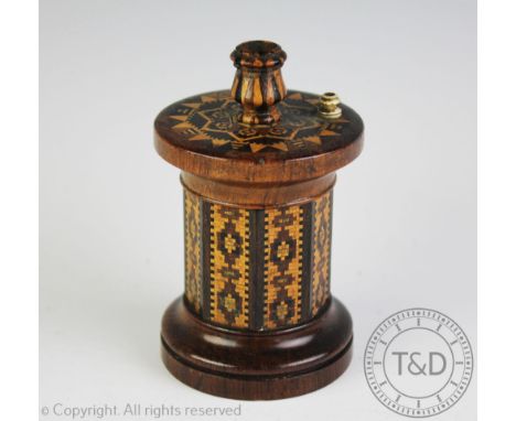A late 19th century Tunbridge Ware rosewood circular 'Go to bed', with octagonal centre, 10cm, with a 'Cleopatras Needle' the