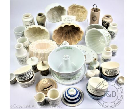 A quantity of Victorian and later advertising paste, pill and potted meat jars including 'Parker & Sons Invalid Jelly', axe b