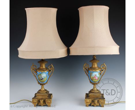 A pair of 19th century gilt metal mounted Sevres style vases, converted to lamps, 34cm high (excluding shade)  CONDITION REPO