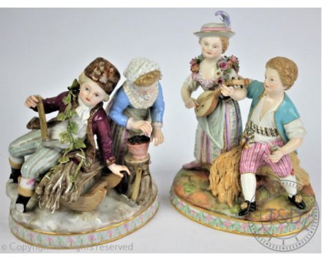 A pair Meissen allegorical figures emblematic of summer and winter, summer modelled as girl playing a lute beside a boy seate