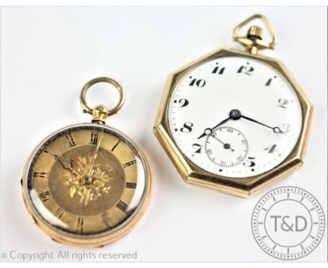 An '18K' cased ladies fob watch, the gilt dial with floral detailing and black Roman numerals, engine turned detail to the ba