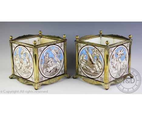A pair of John Moyr Smith for Minton Aesthetic Movement cast brass and tile inset jardinieres, each Tonks & Son, Birmingham j