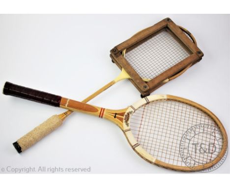 A selection of vintage tennis rackets to include an early 20th century convex wedge example stamped in gilt 'Paris Special', 