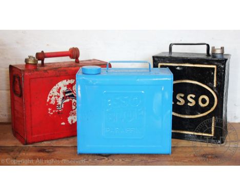 Three vintage Esso petrol cans, comprising an Esso Blue, 28cm wide, an Esso Motor Boat, 31.5cm wide, and a repainted Esso can