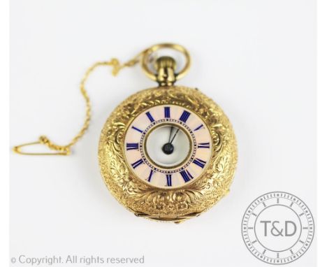 An 18k yellow gold and pink enamelled fob watch, the foliate cover enamelled with a pink chapter ring and blue Roman numerals