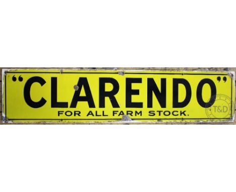 A vitreous enamel advertising sign for 'Clarendo for all farm stock', 20.5cm x 90.5cm