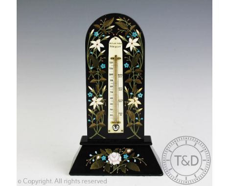 A Victorian Derbyshire pietra dura desk thermometer , the arched top thermometer inlaid with entwined flowers and rose sprays