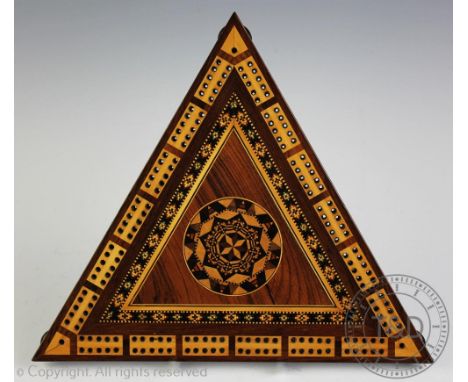 A late 19th century Tunbridge Ware rosewood triangular cribbage board attributed to Thomas Barton, decorated with a 'Barton' 