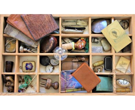 A collection of 19th century and later sewing items and bijouterie, to include a lacquered papier mache snuff box, other smal