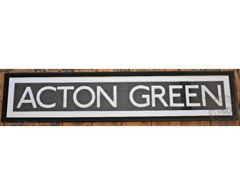 Two vintage London Bus Route Master spool signs, 'Acton Green' and 'Aldgate', 19cm x 106cm, each framed and glazed (2)