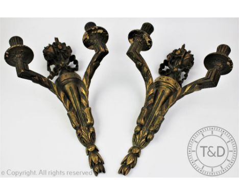 A pair of early 20th century gilt wood and gesso wall sconces, each twin branch scone with bouquet and bow detailing, 40cm hi