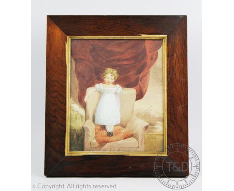 English School - 19th century, Pencil and watercolour, Naive portrait of an infant boy standing on a chair with a fishing rod