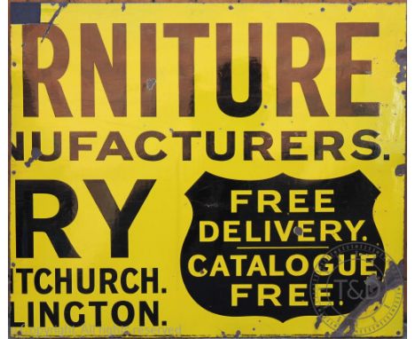 A vitreous enamel advertising sign fragment, for a Furniture Makers near Whitchuch, (at fault), 92cm x 108cm