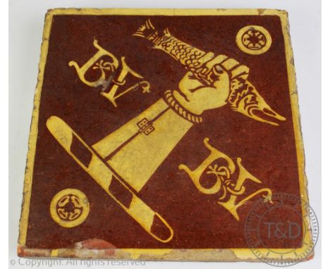 A Chamberlain's Worcester earthenware encaustic tile circa 1845, decorated with a family crest of a fist clutching a pike, fl