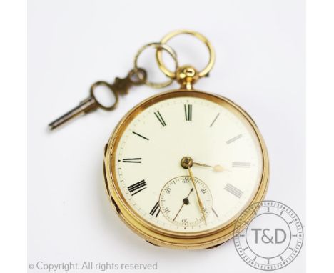 Railway Interest: A Victorian 18ct yellow gold open face pocket watch, Birmingham 1879, the engine turned case enclosing whit