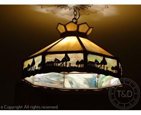 An early 20th century Art Deco style marbled glass ceiling light, with fitting for three bulbs, of octagonal form, the metal 