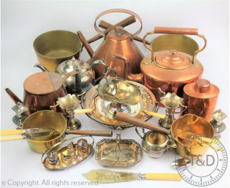 A selection of 19th century and later copper and plated wares, to include a Sankey Arts and Crafts tea canister and cover, wi