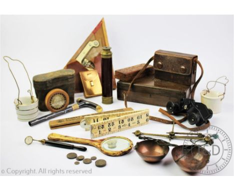 A collection of 19th century and later scientific items etc, to include a lacquered brass two drawer telescope, a pair of ope