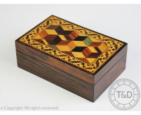 A Tunbridge Ware trinket box, with parquetry inlaid lid and internal tray, 4cm H x 12cm W x 7.5cm D