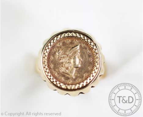 A ring set with a '1 Tallar' bearing date '1853', within 9ct yellow gold setting, gross weight 4.9gms with a Majex ladies 9ct