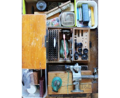 A selection of watch and clock repairers tools and accessories, to include a combination tool in fitted case (Qty) (as found)