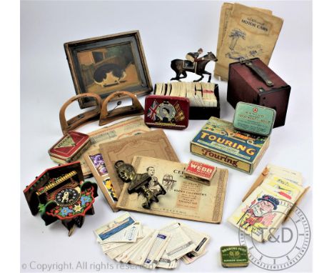 A selection of vintage ephemera to include a 20th century Folk Art oil on panel depicting a pig in a farmyard setting, framed