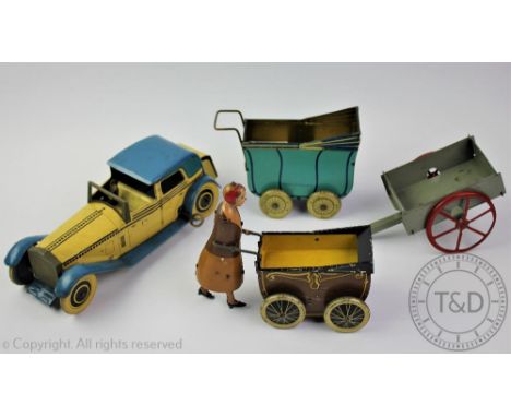 Two tin plate clockwork toys comprising; a Burnett Limited of London model of a pram pushed by a woman with walking action, b