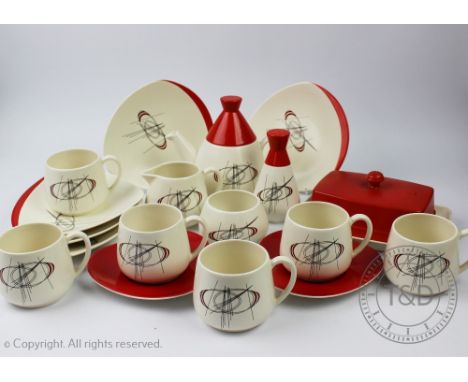 A Carlton ware Orbit pattern part tea service comprising; a teapot and cover, cream jug, sugar bowl, pepper cellar, six teacu