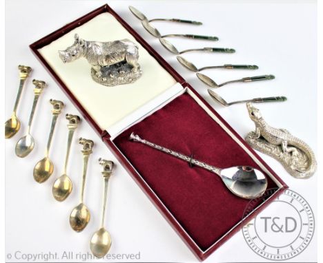 A selection of silver to include a Country Artists model of a Rhinoceros and a Alligator, a set of six New Zealand nephrite j