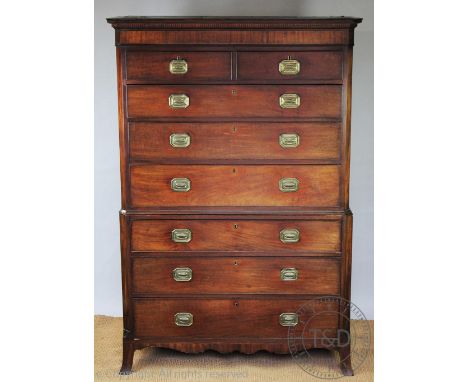 A George III mahogany chest on chest, with two short and  three graduated long drawers above three graduated long drawers, al