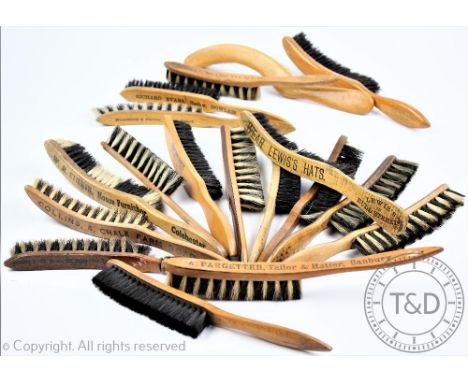 Eighteen assorted vintage hat brushes to include advertising examples, 'Scotts The Hatters', 'F Thomas & Co', 'Tailors & Hatt