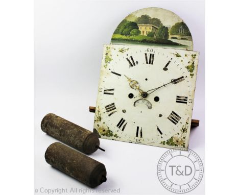 A 19th century eight day longcase clock movement, with painted face with Roman numeral dial and country landscape vignette, m